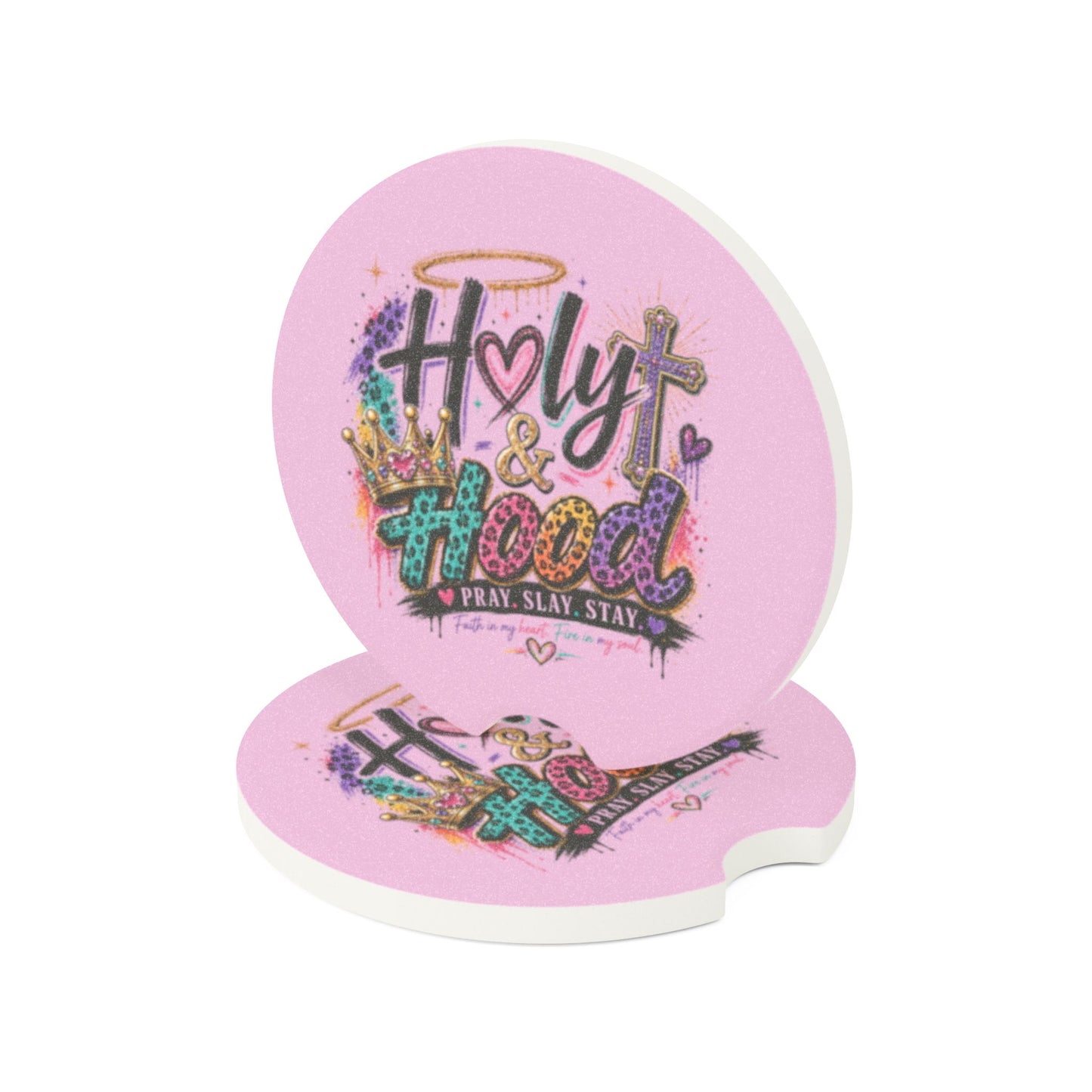 Soapstone Car Coaster — "Holy & Hood" Pink Faith-Inspired Cup Holder Mat