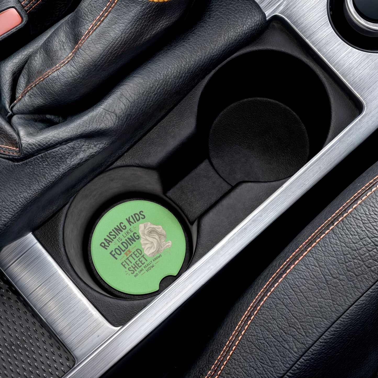 Soapstone Car Coaster — "Raising Kids Is Like Folding a Fitted Sheet" Novelty Car Cup Holder Coaster