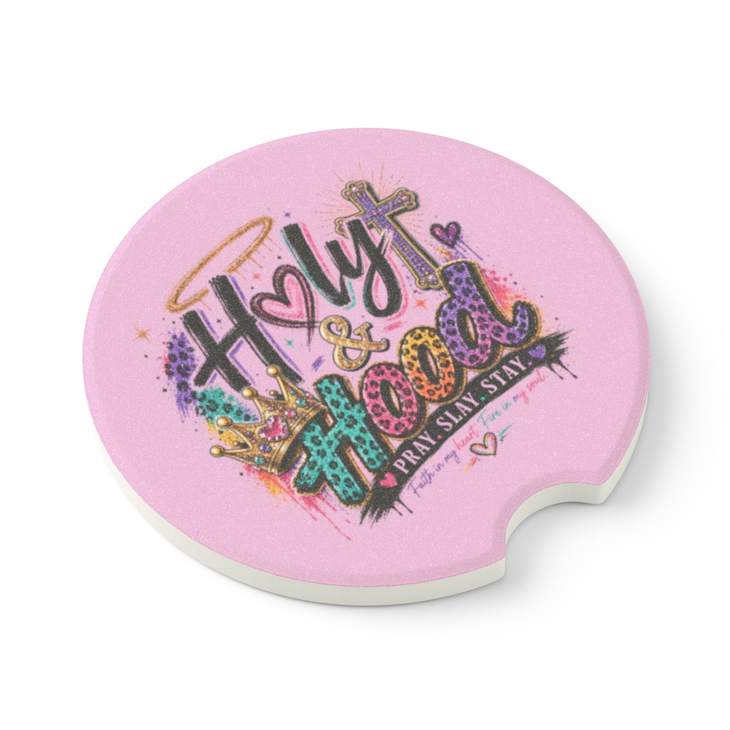 Soapstone Car Coaster — "Holy & Hood" Pink Faith-Inspired Cup Holder Mat